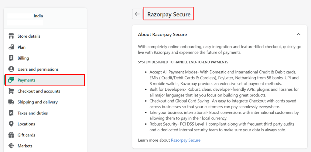 Razorpay Secure app integration with Shopify (2)
